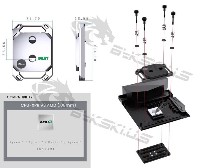 Bykski CPU-XPR-M-V3 High-Performance CPU Water Cooling Block - Featuring Aggressive 0.08mm Fins - Sturdy Mounting Construction with Elite Cooling - for AMD Ryzen 3/5/7/9 (AM4/AM5) - Black