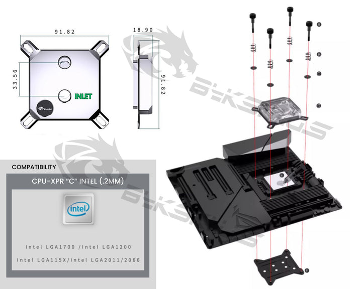 Bykski CPU-XPR-C-I High-Efficiency CPU Water Cooling Block - Featuring High Flow Optimized 0.2mm Fins - Clean Design - for Intel LGA 1200/1700 - 115x - 2011/2066 - Black