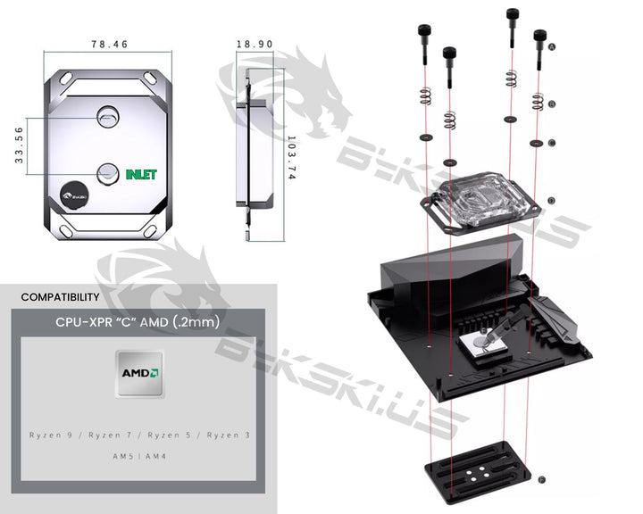 Bykski CPU-XPR-C-M High-Efficiency CPU Water Cooling Block - Featuring High Flow Optimized 0.2mm Fins - Clean Design - for AMD Ryzen 3/5/7/9 (AM4/AM5) - Black (POM)