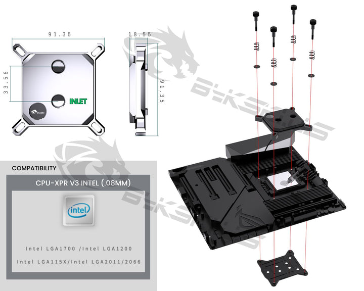 Bykski CPU-XPR-I-V3 High-Performance CPU Water Cooling Block - Featuring Aggressive 0.08mm Fins - Sturdy Mounting Construction with Elite Cooling - for Intel LGA 1200/1700 - 115x - 2011/2066 - Silver