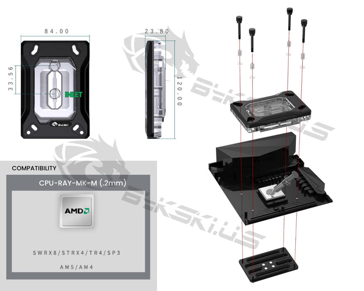 Bykski CPU-RAY-MK-M High-Efficiency CPU Water Cooling Block - Featuring High Flow Optimized 0.2mm Fins - Clean Design - for AMD AM5/AM4 - SWRX8 - STRX4 - TR4 - SP3