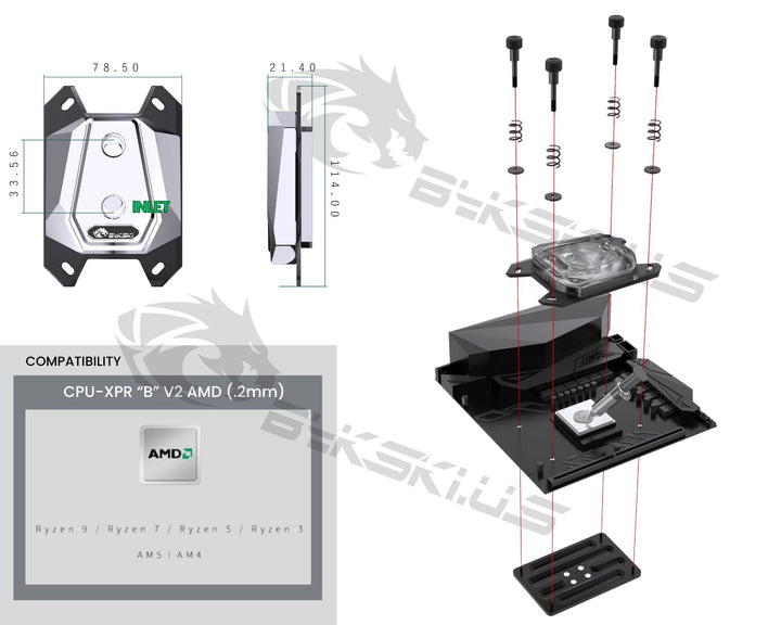 Bykski CPU-XPR-B-M-V2 High-Efficiency CPU Water Cooling Block - Featuring High Flow Optimized 0.2mm Fins - Geometric Design - for AMD Ryzen 3/5/7/9 (AM4/AM5) - Silver