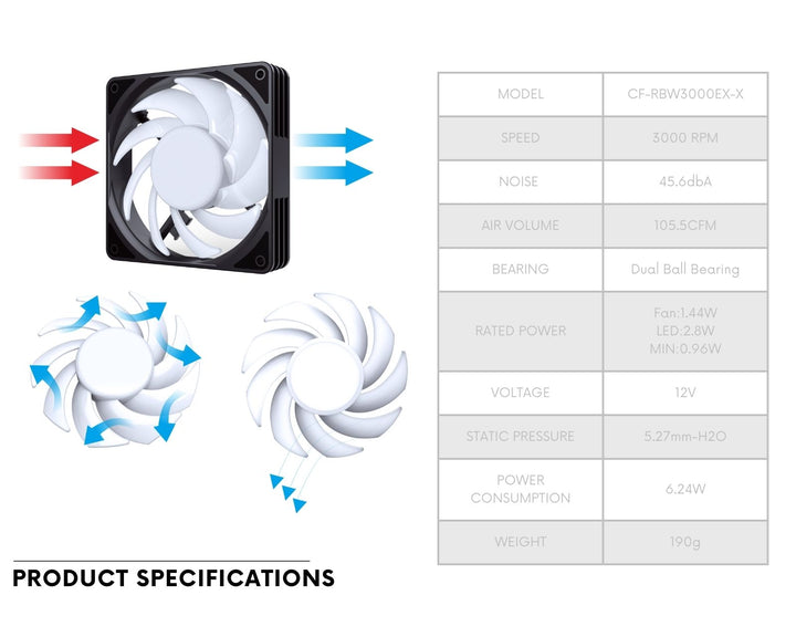 Bykski 9 Blade High Volume 120mm PWM - 5V Addressable RGB(RBW) LED Fan - 3000 RPM / 101.65 CFM / 45.6 DBA (CF-RBW3000EX-X)