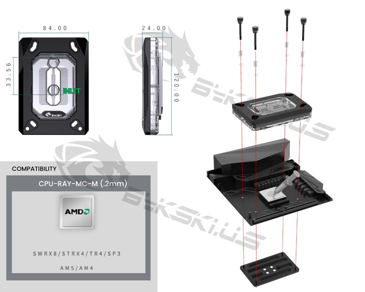 Bykski CPU-RAY-MC-M High-Efficiency CPU Water Cooling Block - Featuring High Flow Optimized 0.2mm Fins - Clean Design - for AMD AM5/AM4 - SWRX8 - STRX4 - TR4 - SP3